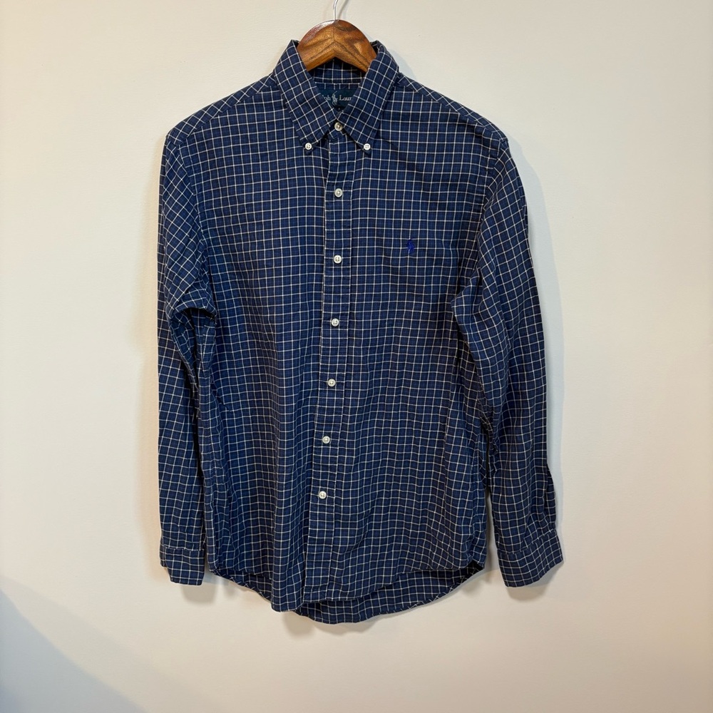 Ralph Lauren Custom Fit Blue Plaid Button Down Shirt Men’s Medium Preppy